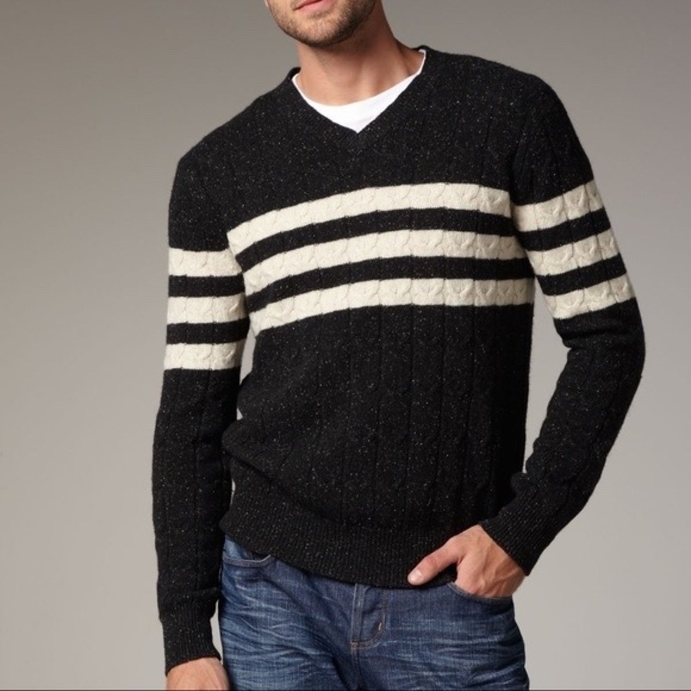 Vince Mens XL Wool‎ Silk Blend Cable Knit V-Neck Striped Sweater Black M05917560